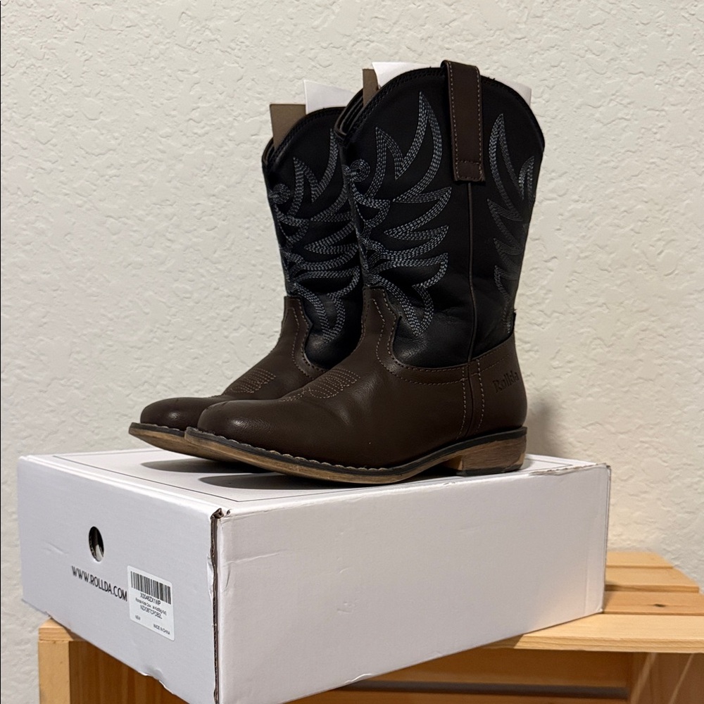 Kids Two-Tone Brown and Black Western Pull-On Boots